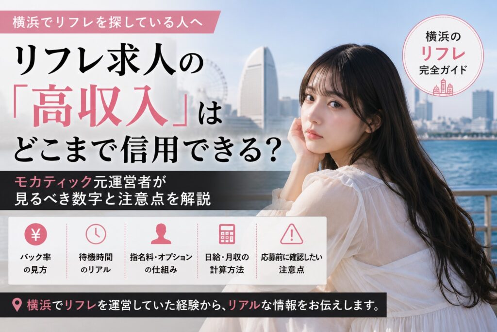 横浜のリフレ求人を見るときに確認したいポイントを モカティック元運営者の立場から整理します 高収入 未経験歓迎 バック率 日給例 顔出し 待機時間など 求人に書かれた数字の見方と応募前の注意点を具体的に解説します