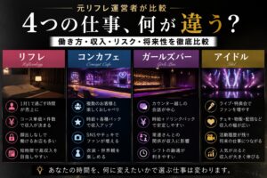 リフレ コンカフェ ガールズバー アイドルは何が違うのか 横浜でモカティックを運営していた経験から 収入の作り方 出勤時間 顔出し 接客距離 SNS 指名 活動後に残るものまで 女の子側の視点で具体的に比較します